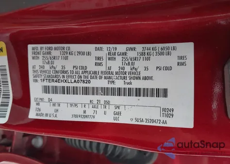 2020 Ford Ranger Xlt z USA, uszkodzony, nr VIN 1FTER4EHXLLA07820